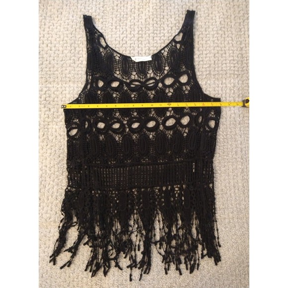 Love tree crocheted fringed Top Small Black Boho Cottage Core Feminine - Picture 7 of 9